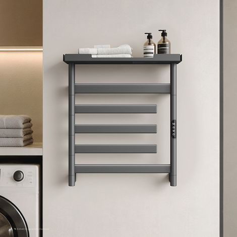 EMKE Sèche-serviettes Électrique Connecté 135W, Tubes Plats Pivotants à 180° avec Tablette Intégrée, Radiateur Salle de Bain WiFi, 66x58 cm, Gris Anthracite