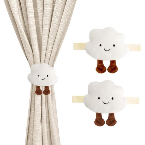 Lot De 2 Embrasse Rideau, Sans Percage, Peluche Nuage, Décoration Salon, Chambre, Blanc, 35cm