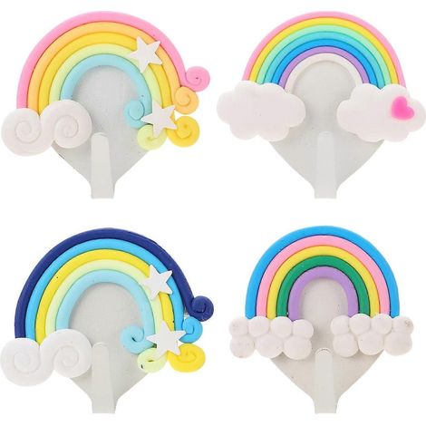 Lot de 4 crochets muraux arc-en-ciel avec motifs de nuages, d'étoiles, de clés, de chapeaux et de serviettes. Fixation adhésive. (1/5)