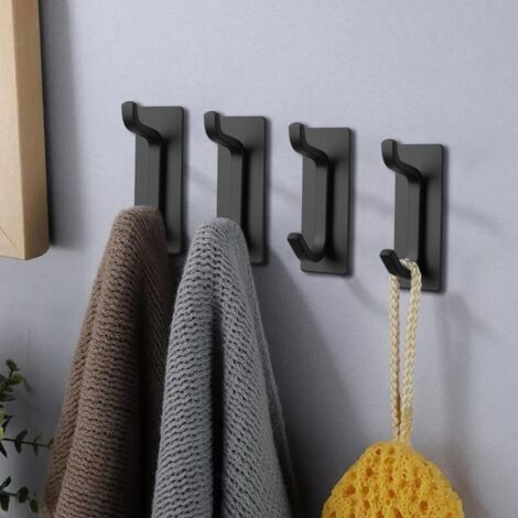 Crochets Auto-Adhésifs, 4PCS Crochet Double Porte Serviette Salle de Bain, Crochet Adhesif Mural, Attache Support Murale Sans Percer, pour Cuisine, Salle de Bains, Bureau, Placard (Noir) Crochet de ra (1/4)