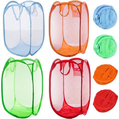 Cesta de ropa, 4 piezas, Cesta, 30 × 30 × 46 cm, Caja de ropa plegable, Cesta de ropa de malla, Portátil, Rojo, naranja, azul cielo y verde (1/5)