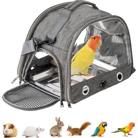 Vogeltragetasche, verstellbare Sitzstange, Edelstahlnapf, atmungsaktives Netzgewebe, für Papageien und Kaninchen (1/5)