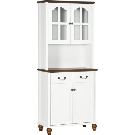 Buffet de Cuisine Vaisselier Meuble de Rangement 2 Tiroirs Niche Portes Vitrées 76 x 38 x 182 cm Blanc (1/5)