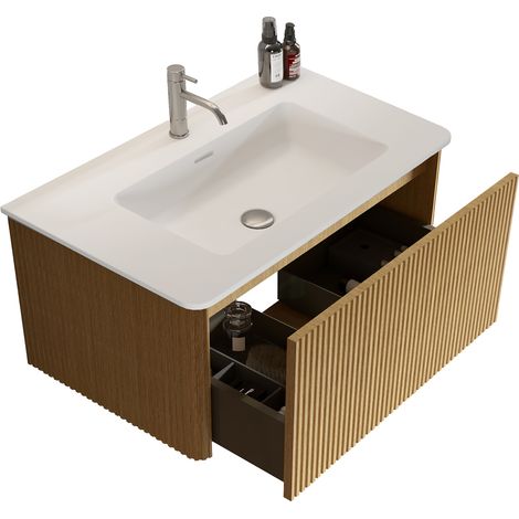 Hängendes Badmöbel 80 cm mit Mineralguss-Waschbecken in Eichenoptik, Reliefdesign, vormontiert (1/5)