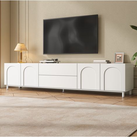 Meuble TV avec 4 portes, 2 tiroirs et passe-câbles, structure stable en MDF et panneaux blanc, 180x40x48 cm (1/5)