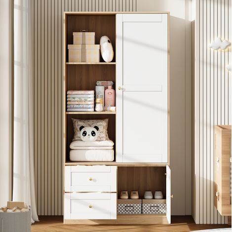 Armadio con ante scorrevoli 90 x 50 x 180 cm con 2 cassetti, MDF bianco e effetto legno HAVRYA (1/5)
