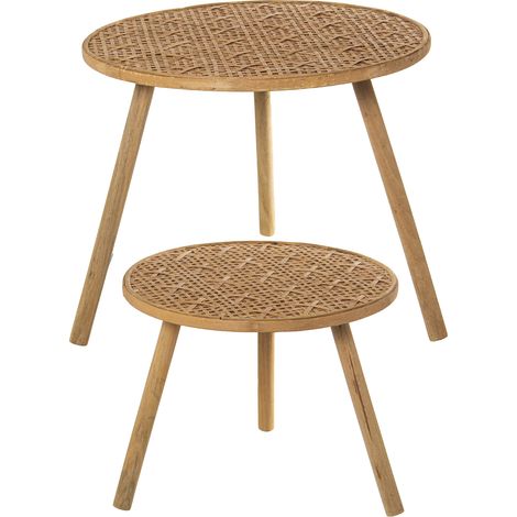 Lot de 2 Tables Bois Naturel/Osier, Pieds Sapin °55X46 Cm °44X36 Cm (1/2)
