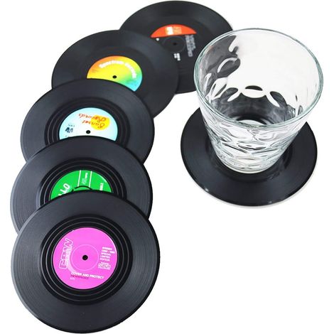 Set of 6 Retro Black CD Coasters, Coasters, Coasters, Coasters (1/5)