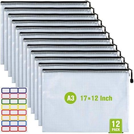 12 pochettes de rangement zippées en filet A3, imperméables et résistantes aux déchirures, adaptées à l'organisation de documents à l'école, au bureau, à la maison et en voyage (17-12 pouces).