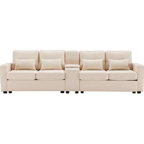 Canapé 4 places en tissu lin avec console, porte-gobelets, ports USB, poches accoudoirs et 4 coussins (1/5)