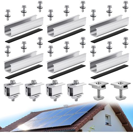 Support de Panneau Solaire pour 2 Modules, Kit Fixation Panneau Solaire Rails Profilés en Aluminium de 12 cm Pince Réglable pour Modules de 30 à 35 mm D'épaisseur, Pour Toit Plat, Trapézoïdal (1/5)