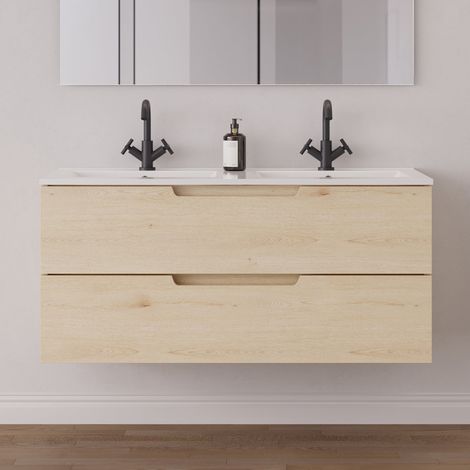 Meuble de salle de bain 120 cm double vasque - 2 tiroirs - sans miroir - roble calima (bois clair) - SONRIZA (1/5)