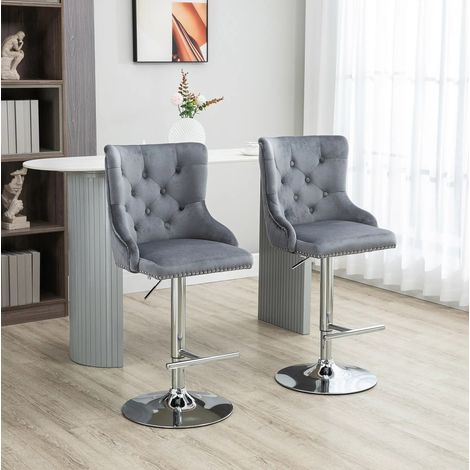 Barhocker 2er-Set, grau, höhenverstellbar, drehbar, Samt-Optik, 46 x 55 x 102-123 cm (1/5)