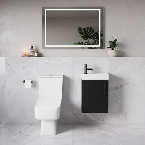 Napoli Cube Nero Oak 400mm Single Door Wall Mounted Vanity Unit and Toilet Suite with Align Basin - 400mm - Matt Black 160mm Handle