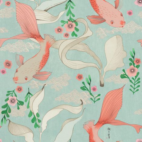 Rasch Amazing Non-Woven Wallpaper with Koi Carp in Rose in Light Blue Water with Light Textile Texture - 10.05 m x 53 cm (L x W) Wallpaper 539837 (1/4)