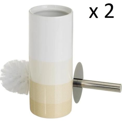 Lot de 2 brosse de toilette WC avec support, porte brosse WC en céramique coloris blanc - jaune-Diamètre 10 x Hauteur 32 cm-JUANIO (1/4)