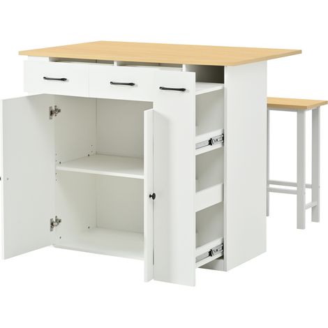 Îlot de cuisine extensible blanc avec étagères réglables, tiroirs, prise intégrée et 2 tabourets (1/5)