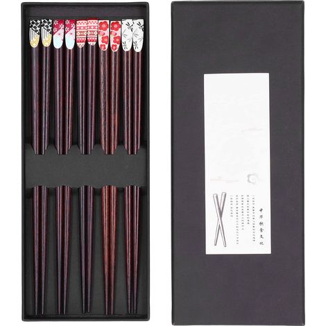 Lot de 5 paires de baguettes en bois japonaises, design innovant réutilisable, cadeau de pendaison de crémaillère.