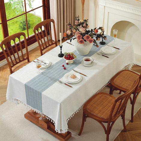 Nappe de table à manger style campagnard, infroissable, pour table basse ou table basse - Nappe rectangulaire en lin et coton - Beige à rayures bleues (1/5)
