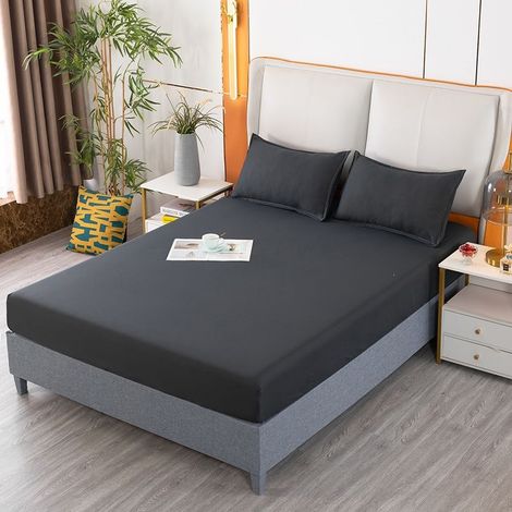 Housse de Matelas 150x200 cm en Coton Lavé, Drap-Housse avec Élastique pour Matelas Fin, Housse de Protection de Lit Gris Noir (1/2)