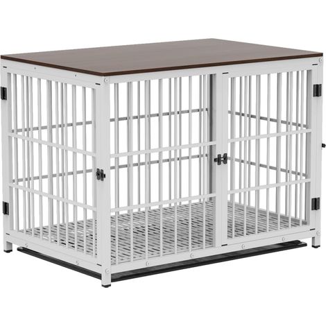 XL Gabbia Robusta per cani Antimorso Tavolino per Gabbia Rinforzata per cani Taglia Grande, Kennel in Legno e Resistente Metallo Pesante, Bianco