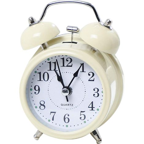 Réveil rond à double cloche 3 pouces, rétroéclairage, à piles, sonnerie puissante et silencieuse, couleur beige, idéal pour les gros dormeurs. (1/5)