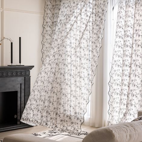 Rideaux bohèmes en lin à motifs floraux pour le salon, imprimé lin froissé, tissu doux, motif floral vintage, style champêtre, rideaux filtrant la lumière, à œillets ou à pattes, 2 panneaux, 213 cm, n (1/5)