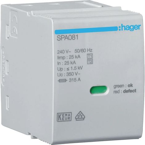 Cartouche L-N/PEN Uc 350V Iimp 25kA Up 1.5kV pour SPA80x - HAGER SPA081