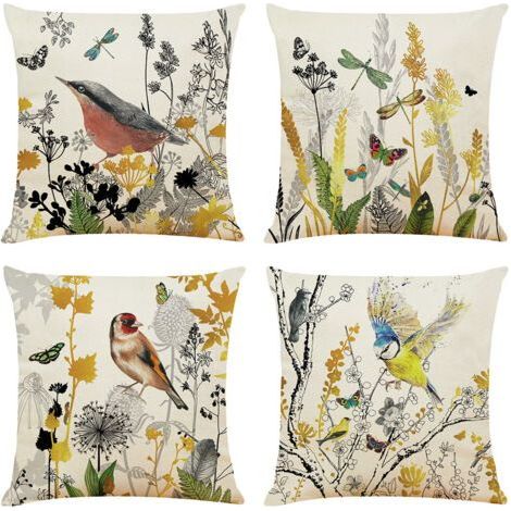 Set mit 4 quadratischen Kissenbezügen mit Blumen- und Vogelmuster für Sofa, Wohnzimmer, Schlafzimmer, Büro, Veranda, 45 x 45 cm (1/5)