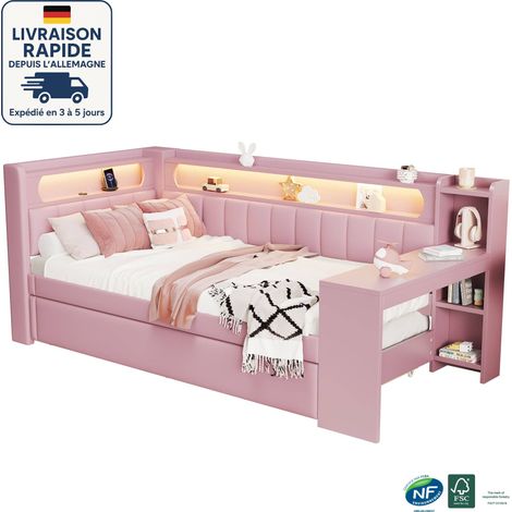 Lit enfant capitonné 90x200 - Avec lit gigogne et bureau - Éclairage LED - Blanc