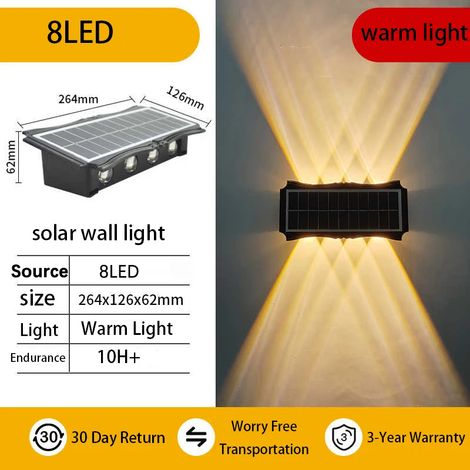 (8 LED chaudes - 2 pièces - noir) Applique murale LED extérieure solaire étanche, éclairage vers le haut et vers le bas, pour balcon, cour ou jardin. (1/5)