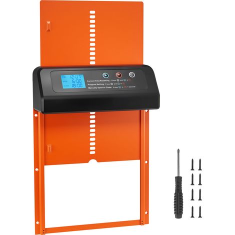 Mophorn Puerta automática para gallinero con pantalla, función manual y temporizador, fabricada en aleación de aluminio, resistente a pinzamientos, alimentada por batería, naranja