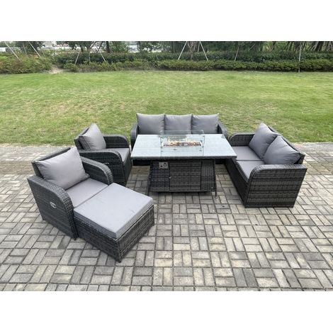 Fimous Polyrattan Gartenmöbelset Gasfeuerstelle Esstisch und Sofa Sessel set mit 2 Großer Hockern (1/5)