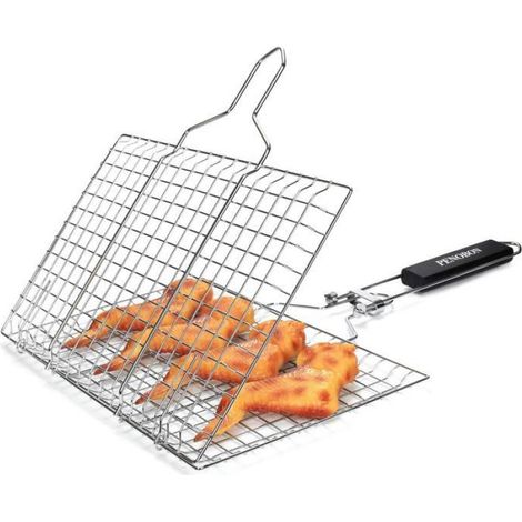 Panier grille barbecue pliable en acier inox, panier cuisson pour poissons, légumes et crevettes (1/4)