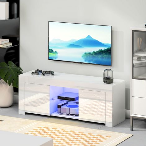 Mobile TV con illuminazione a LED, 2 ante, ripiano in vetro, fori passacavi, per soggiorno, in truciolato, bianco (1/5)
