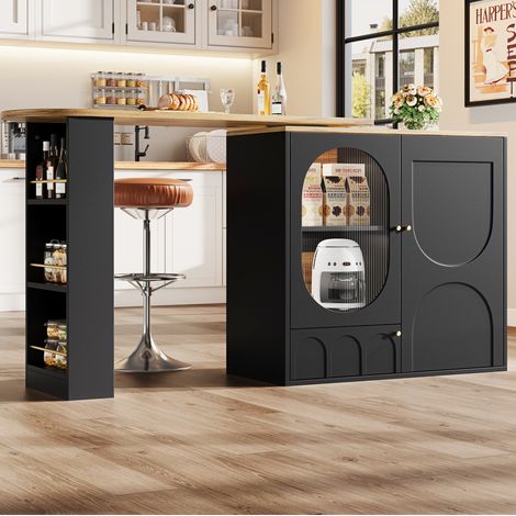 Bartisch 138x39x105 cm Schwarz aus MDF und Metall mit 360° drehbarem Seitenelement und Stauraum (1/5)