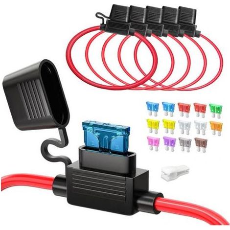 5pcs 12(1)+16AWG(4) Porte fusible Moyenne en ligne, ATC/ATO Automotive plat 12V Porte fusible étanche pour voiture/camion/motor + 14pcs Fusibles Standard(2A 3A 5A 7.5A 10A 15A 20A 25A 30A 35A) (1/5)