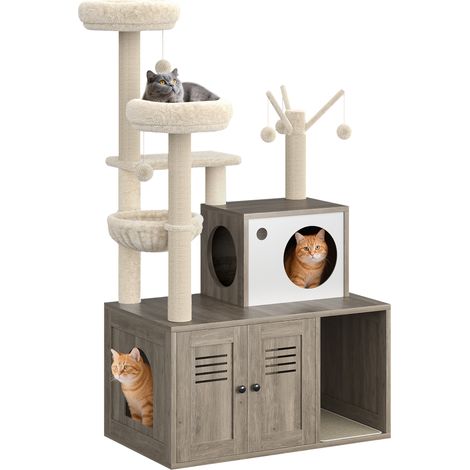 Armoire à litière pour chat avec arbre intégré – Condo multi-niveaux, plateformes, hamac, paniers, poteaux à griffer, pompons – Meuble pour chats d'intérieur – Gris Fumé (1/5)