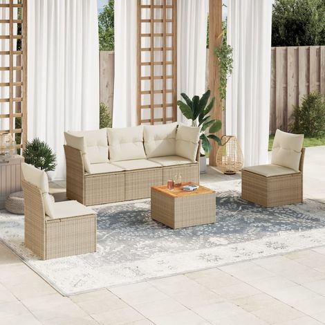 Ensemble Salon Jardin 6 Places Résine Tressée Beige avec Coussins - Table Acacia - Modulaire (1/3)