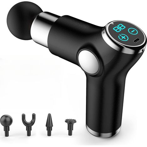Pistolet de massage musculaire – 6 vitesses deep tissue – 4 têtes incluses – super silencieux – écran tactile – pour douleurs musculaires – Noir (1/5)