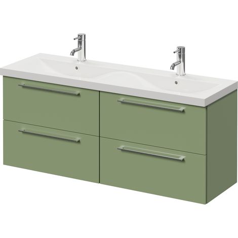 Napoli 390 Olive Green 1200mm Wall Mounted 4 Drawer Vanity Unit with Double Glide Basins - 1200mm - Chrome 320mm Handle