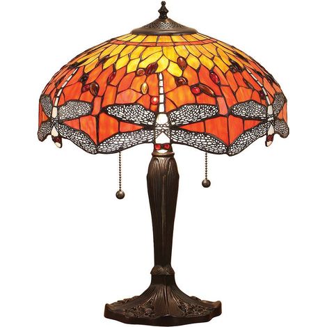Interiors Dragonfly Flame - Lampe de table moyenne à 2 lumières, bronze foncé, jaune, verre de style Tiffany, E27 (1/4)