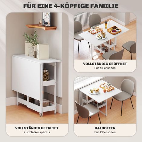 Table à manger pliante industrielle pour 4 convives, avec étagères ouvertes, modulable, métal et panneaux de particules, blanc. (1/4)