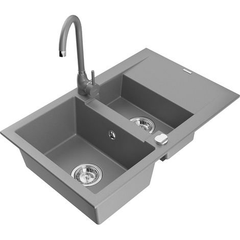 Mexen Gaspar évier en granit 1,5 bac avec égouttoir et robinet de cuisine Telma, gris - 6507-71-670200-71 (1/5)