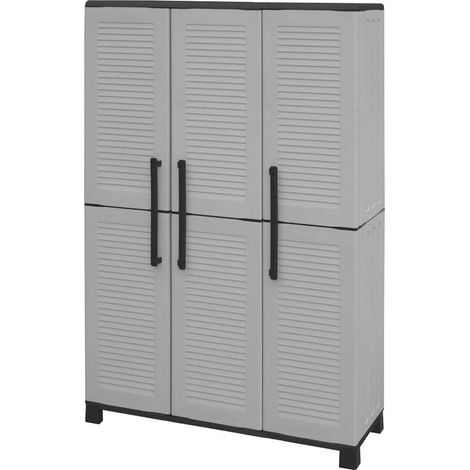 Dmora - Armadio da esterno Aruro, Mobile porta scope, Armadietto da esterno 3 ante, 100% Made in Italy, 102x37h169 cm, Grigio chiaro e Nero, Finitura righe (1/4)