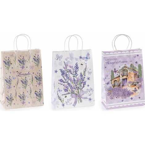 Sacchetti / buste in carta di dimensione grande con decori lavanda, set da 36 pezzi, cm 25,5 x 12,5 x 33 H