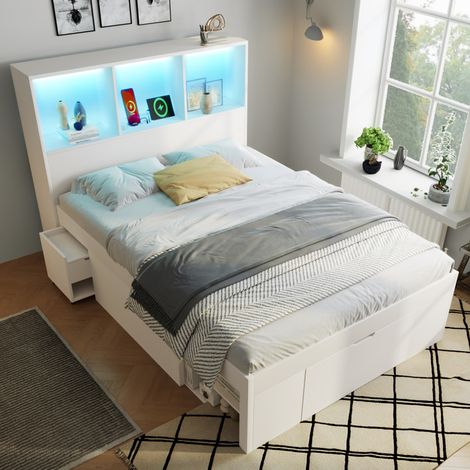 Bett mit Stauraum Nachttisch 90x200 Weiß Holz OKMYHOME (1/5)