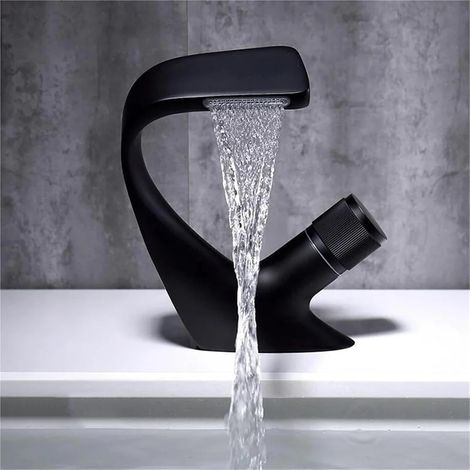 Mitigeur lavabo cascade moderne – Eau chaude/froide – Noir – Robinet salle de bain design (1/5)