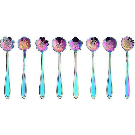 Blumenlöffel-Set – 8 regenbogenfarbene Teelöffel zum Mischen von Kaffee, Tee, Zucker und Eiscreme – 8 bunte Mini-Besteckteile mit verschiedenen Mustern