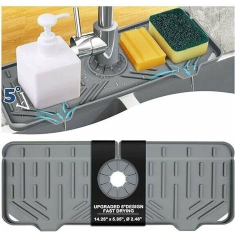 Tappetino in silicone antigoccia con maniglia per rubinetto, porta spugna per detersivo per lavello da cucina, tappetino asciugante per piano di lavoro della cucina (grigio) -Crezuo